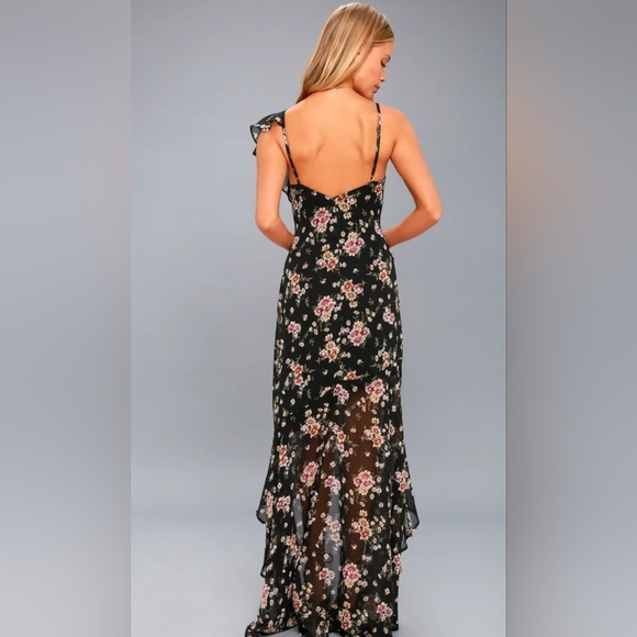 NWT LULUS Harmonia Black Floral Print High-Low Maxi Dress SIZE XS - Picture 2 of 6